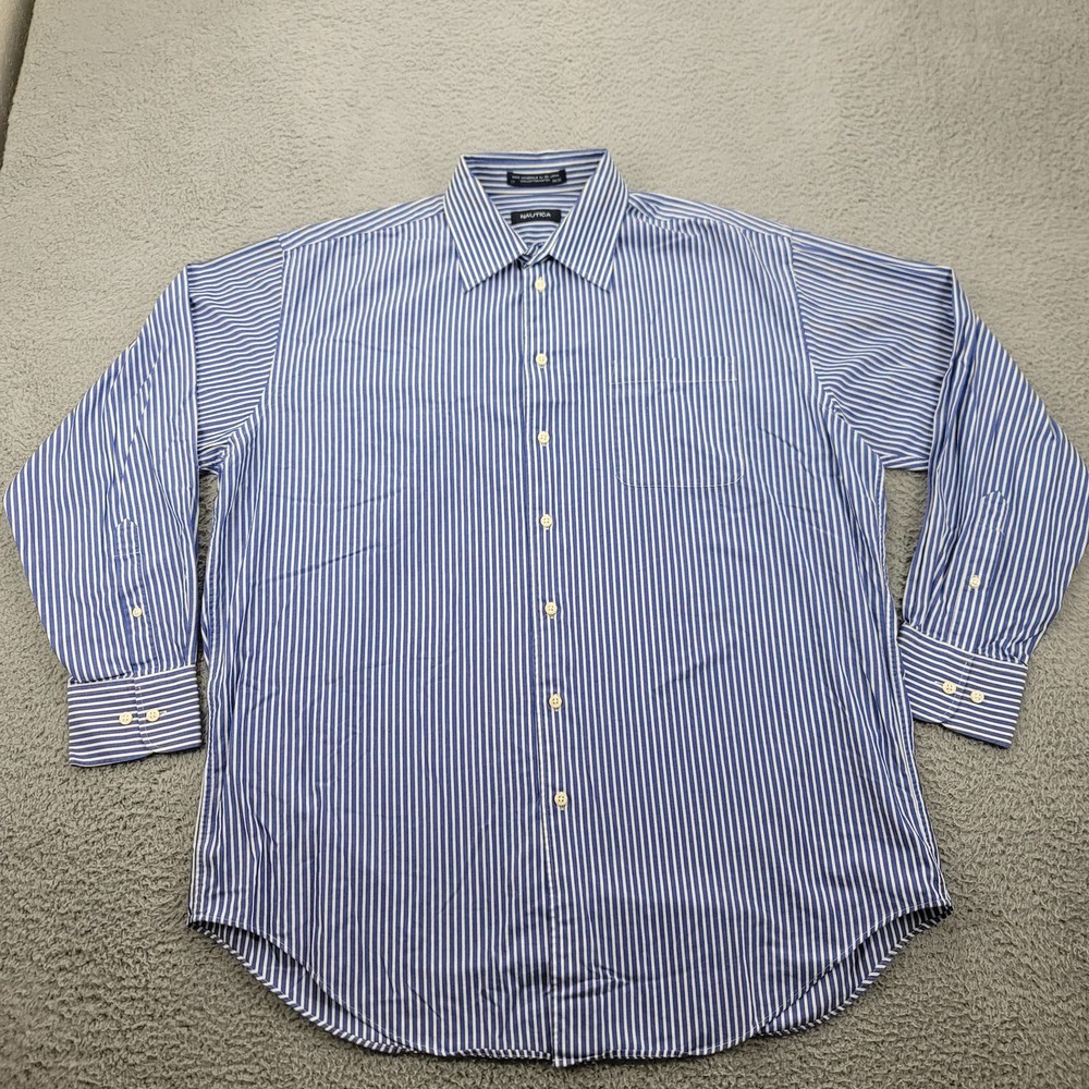 Nautica Shirt Mens 17 34/35 Blue Striped Long Sleeve Casual Nautical Outdoor‎